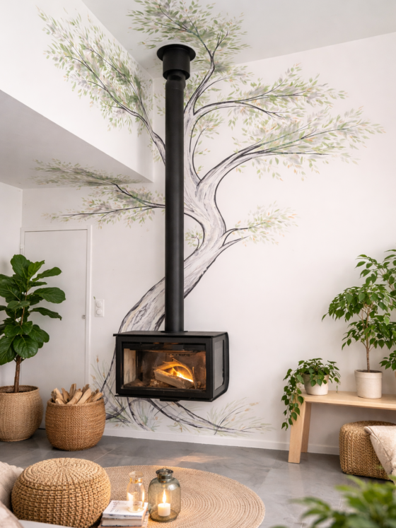 Fresque d'arbre mural derrière un poele