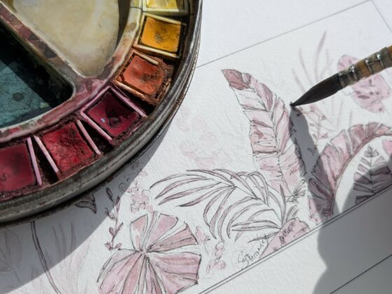 Détail d'une maquette florale à l'aquarelle avec palette de couleurs et pinceau - Créa Décor Vannes
