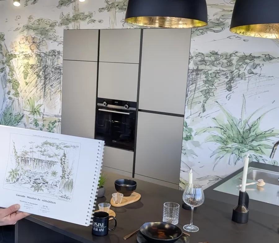 papier peint d'artiste Cascade dans une cuisine contemporaine à Moustoir-Ac