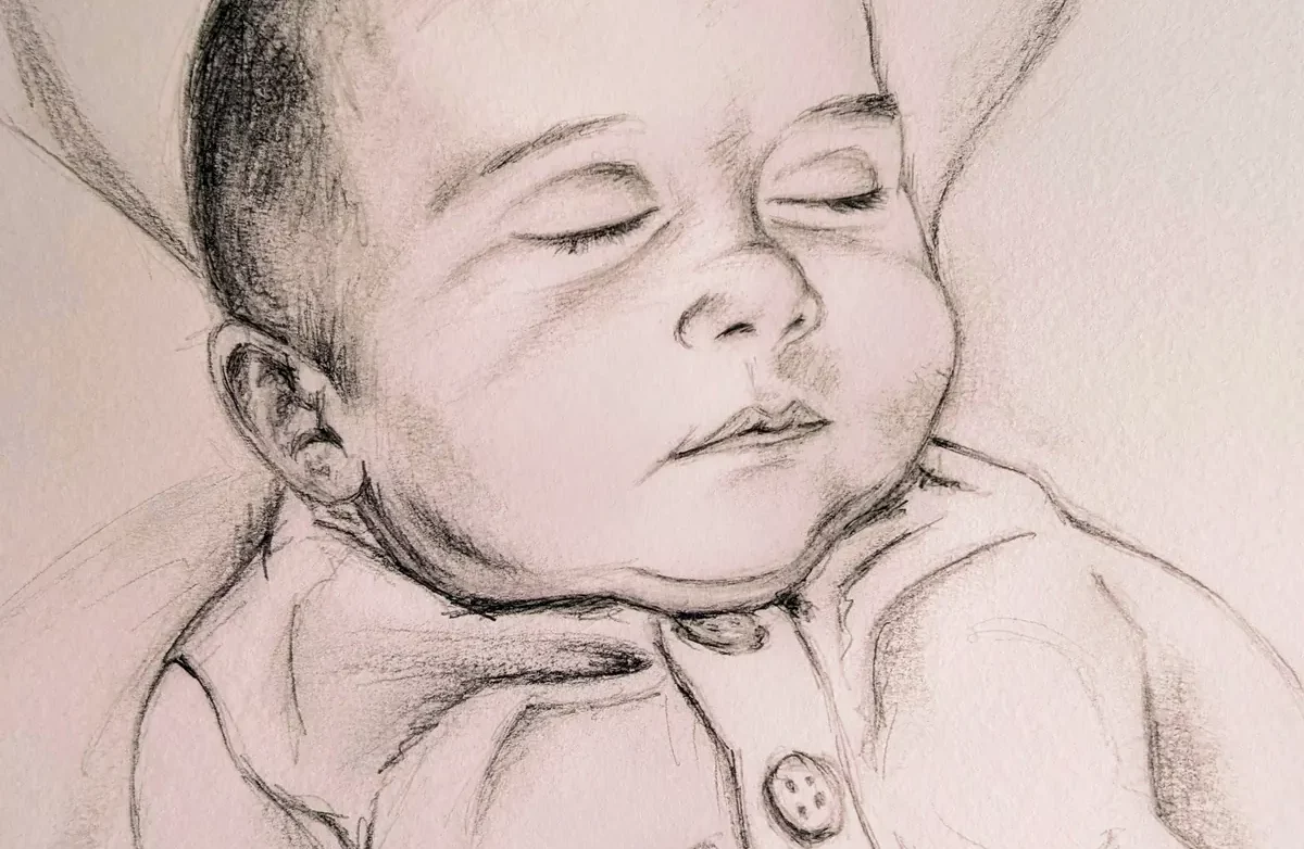 Portrait sur commande d'un bébé endormi dessiné au crayon