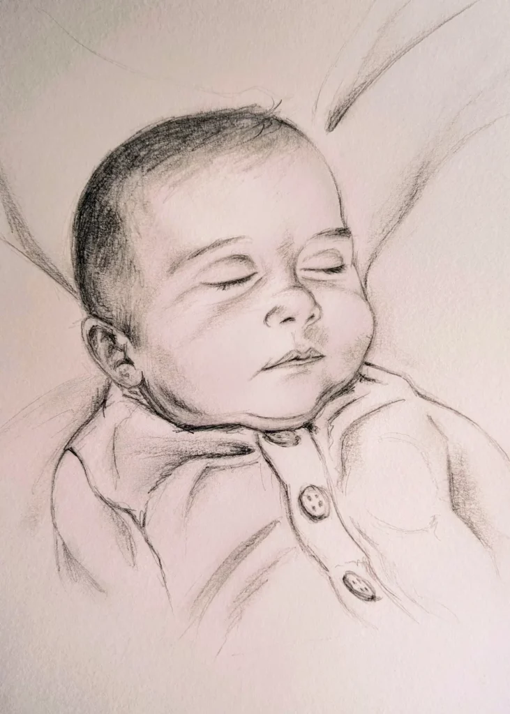 Portrait sur commande d'un bébé endormi dessiné au crayon